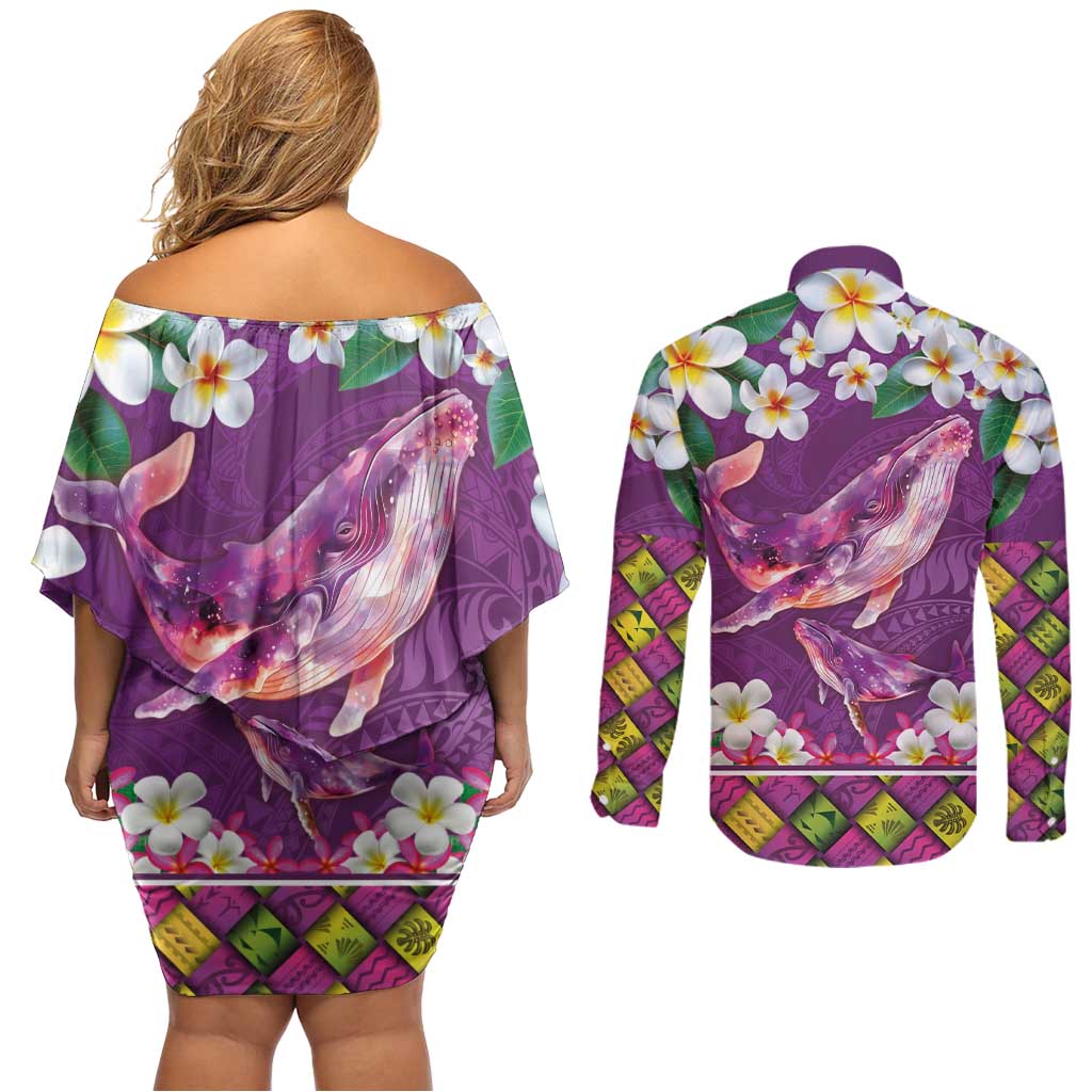 Hawaiian Plumeria and Humpback Whales Couples Matching Off Shoulder Short Dress and Long Sleeve Button Shirt Polynerian Art Tattoo-Mauve Color LT03 - Polynesian Pride