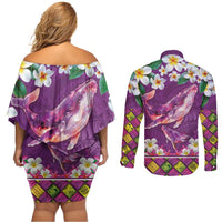 Hawaiian Plumeria and Humpback Whales Couples Matching Off Shoulder Short Dress and Long Sleeve Button Shirt Polynerian Art Tattoo-Mauve Color LT03 - Polynesian Pride