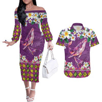 Hawaiian Plumeria and Humpback Whales Couples Matching Off The Shoulder Long Sleeve Dress and Hawaiian Shirt Polynerian Art Tattoo-Mauve Color LT03 Purple - Polynesian Pride