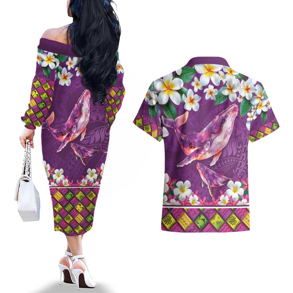 Hawaiian Plumeria and Humpback Whales Couples Matching Off The Shoulder Long Sleeve Dress and Hawaiian Shirt Polynerian Art Tattoo-Mauve Color LT03 - Polynesian Pride