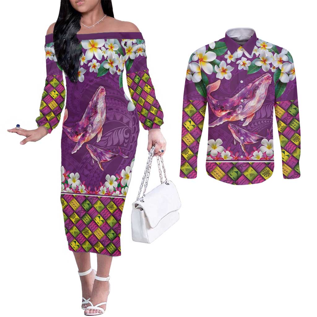 Hawaiian Plumeria and Humpback Whales Couples Matching Off The Shoulder Long Sleeve Dress and Long Sleeve Button Shirt Polynerian Art Tattoo-Mauve Color LT03 Purple - Polynesian Pride