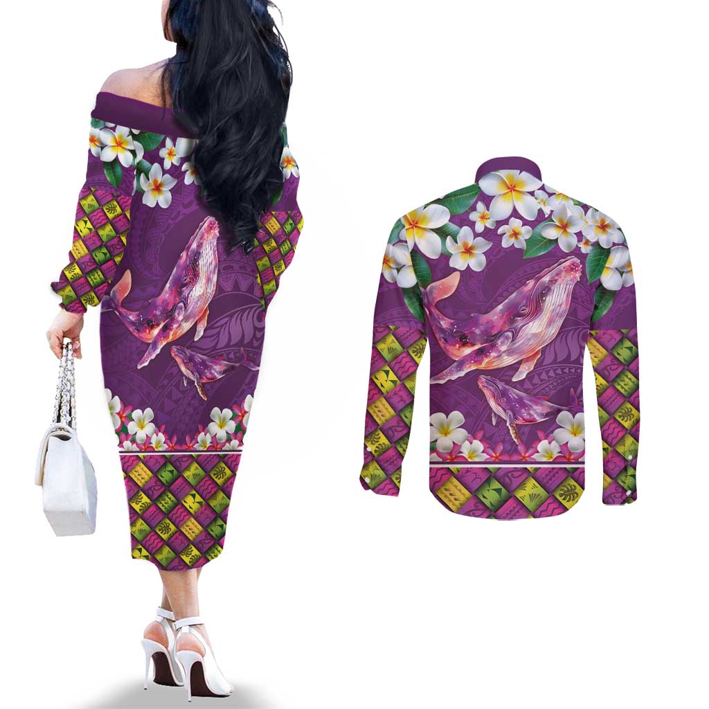 Hawaiian Plumeria and Humpback Whales Couples Matching Off The Shoulder Long Sleeve Dress and Long Sleeve Button Shirt Polynerian Art Tattoo-Mauve Color LT03 - Polynesian Pride