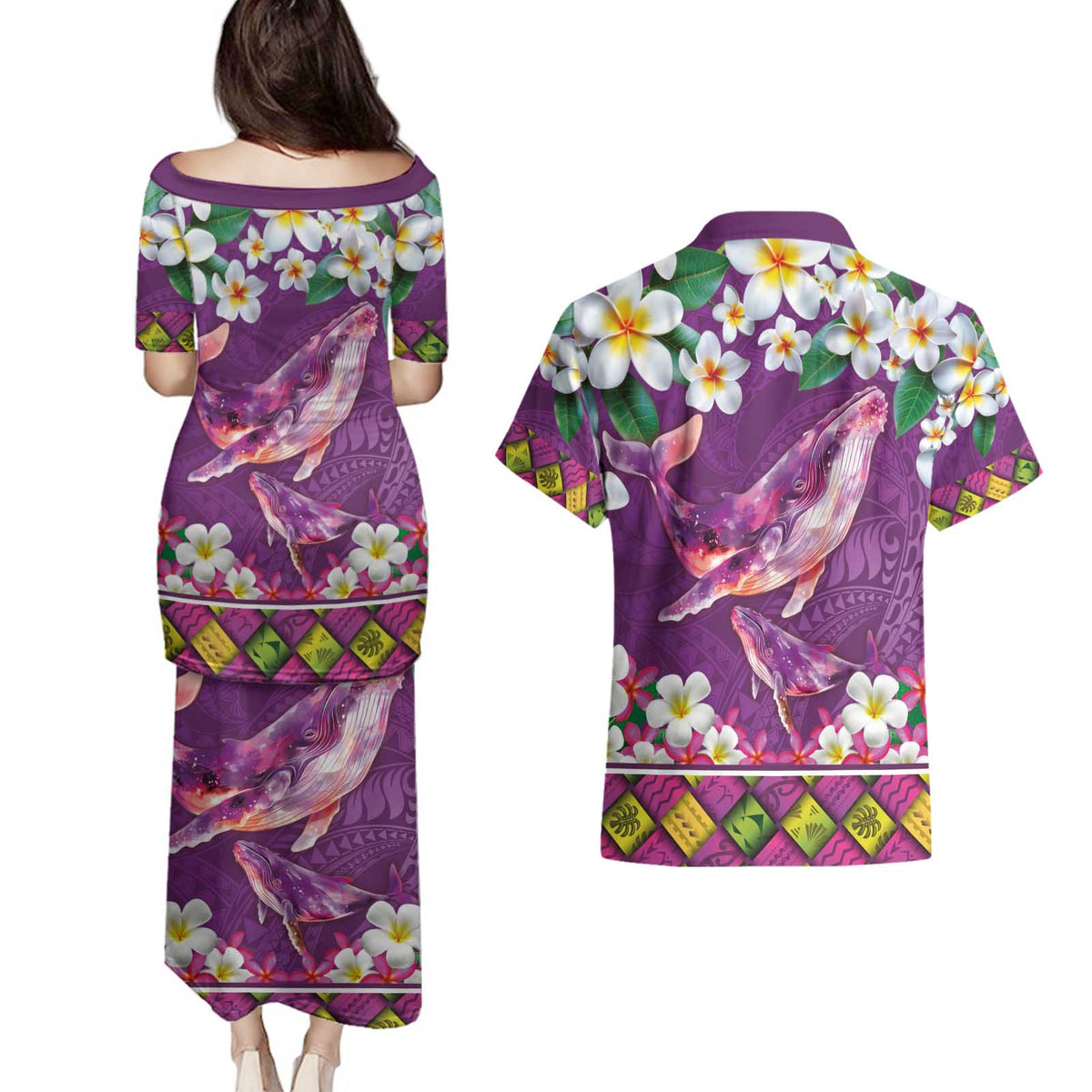 Hawaiian Plumeria and Humpback Whales Couples Matching Puletasi and Hawaiian Shirt Polynerian Art Tattoo-Mauve Color LT03 - Polynesian Pride