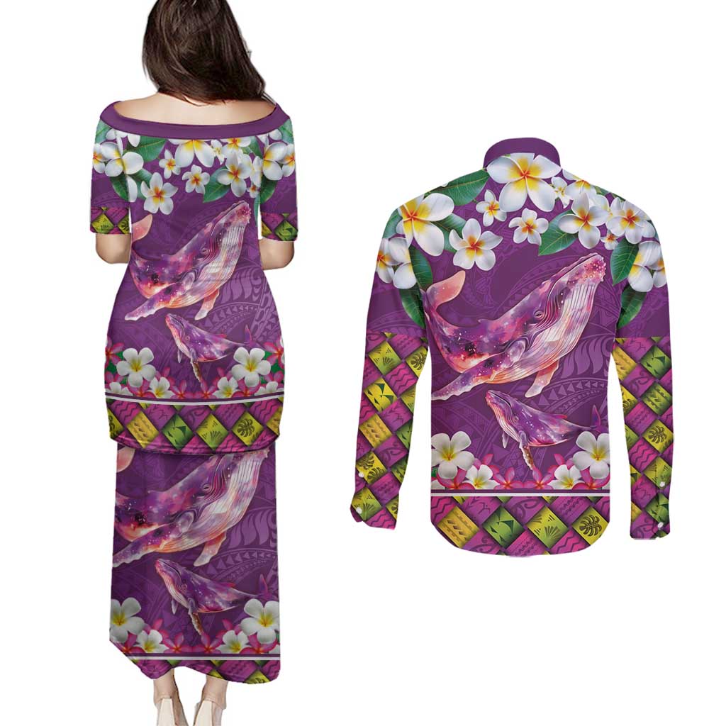 Hawaiian Plumeria and Humpback Whales Couples Matching Puletasi and Long Sleeve Button Shirt Polynerian Art Tattoo-Mauve Color
