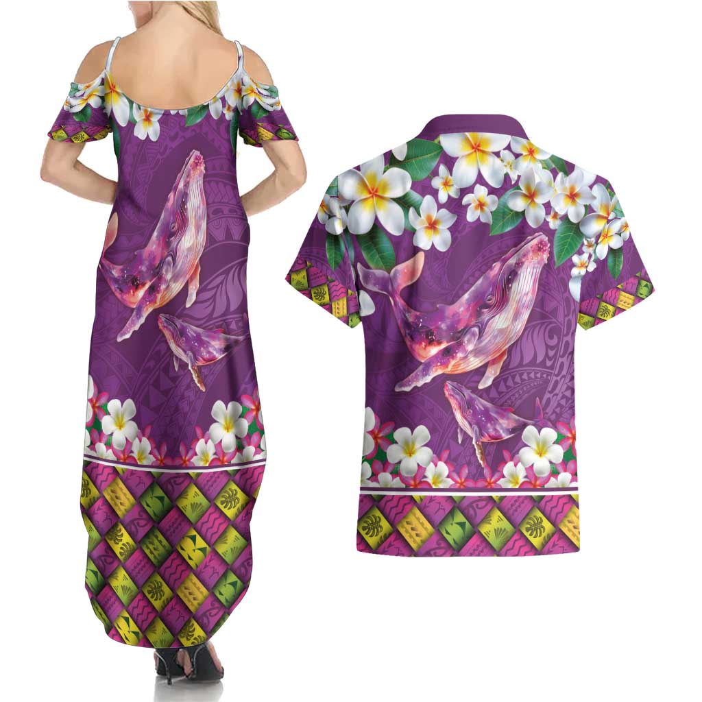 Hawaiian Plumeria and Humpback Whales Couples Matching Summer Maxi Dress and Hawaiian Shirt Polynerian Art Tattoo-Mauve Color LT03 - Polynesian Pride