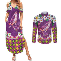 Hawaiian Plumeria and Humpback Whales Couples Matching Summer Maxi Dress and Long Sleeve Button Shirt Polynerian Art Tattoo-Mauve Color LT03 Purple - Polynesian Pride