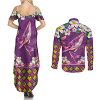 Hawaiian Plumeria and Humpback Whales Couples Matching Summer Maxi Dress and Long Sleeve Button Shirt Polynerian Art Tattoo-Mauve Color LT03 - Polynesian Pride