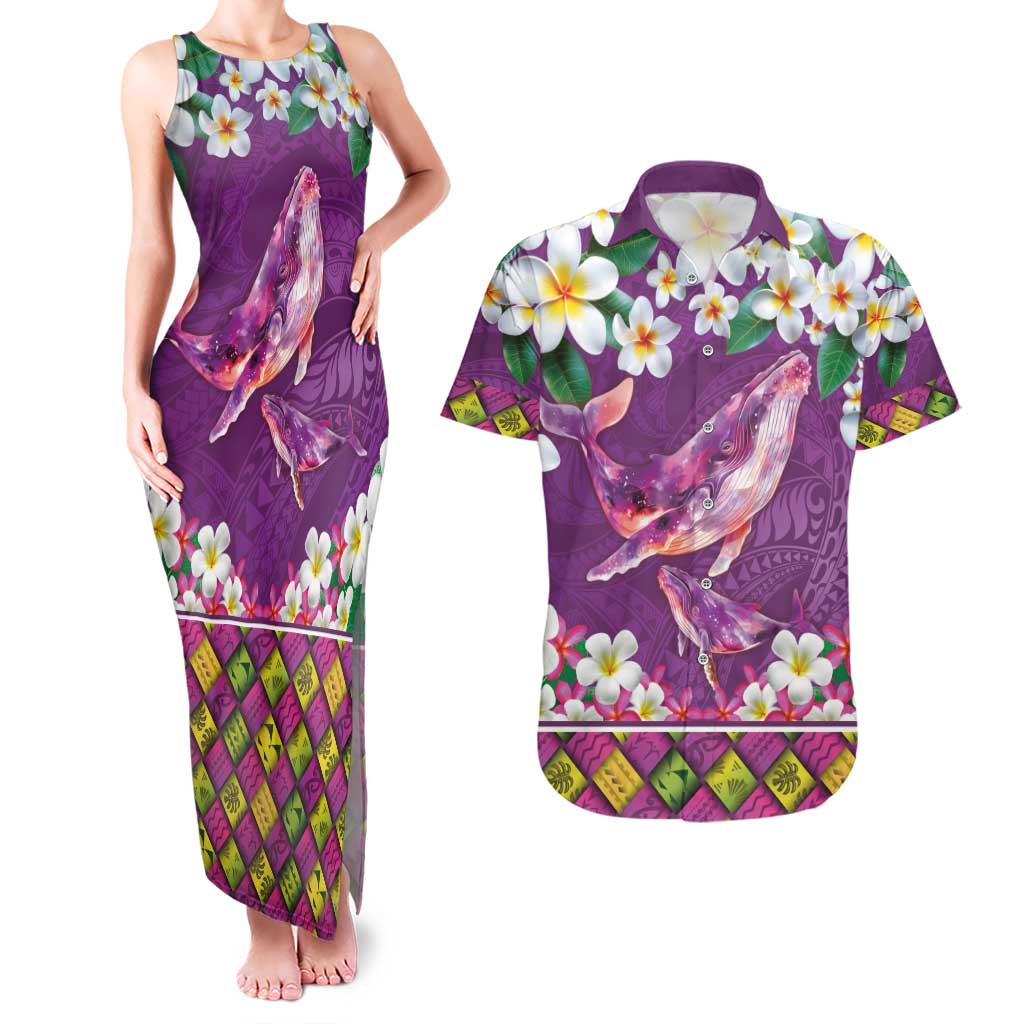 Hawaiian Plumeria and Humpback Whales Couples Matching Tank Maxi Dress and Hawaiian Shirt Polynerian Art Tattoo-Mauve Color LT03 Purple - Polynesian Pride