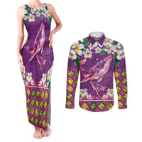 Hawaiian Plumeria and Humpback Whales Couples Matching Tank Maxi Dress and Long Sleeve Button Shirt Polynerian Art Tattoo-Mauve Color LT03 Purple - Polynesian Pride