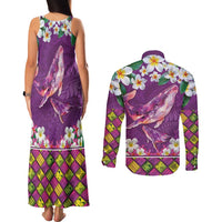 Hawaiian Plumeria and Humpback Whales Couples Matching Tank Maxi Dress and Long Sleeve Button Shirt Polynerian Art Tattoo-Mauve Color LT03 - Polynesian Pride