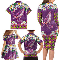 Hawaiian Plumeria and Humpback Whales Family Matching Long Sleeve Bodycon Dress and Hawaiian Shirt Polynerian Art Tattoo-Mauve Color LT03 - Polynesian Pride