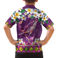 Hawaiian Plumeria and Humpback Whales Family Matching Off The Shoulder Long Sleeve Dress and Hawaiian Shirt Polynerian Art Tattoo-Mauve Color LT03 - Polynesian Pride