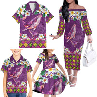 Hawaiian Plumeria and Humpback Whales Family Matching Off The Shoulder Long Sleeve Dress and Hawaiian Shirt Polynerian Art Tattoo-Mauve Color LT03 - Polynesian Pride