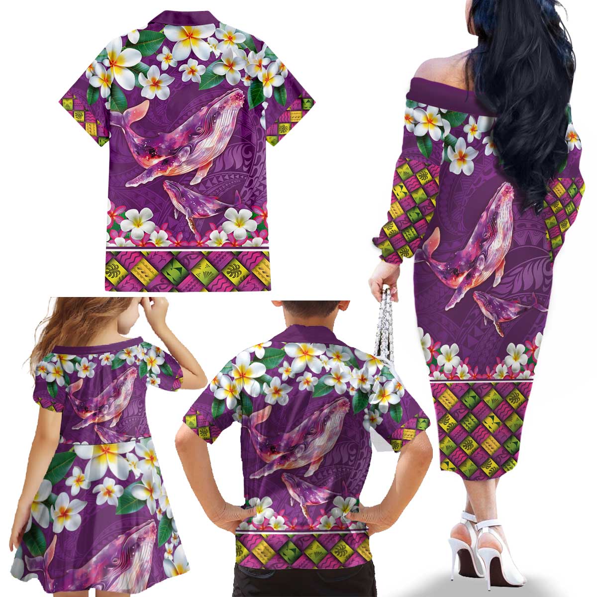 Hawaiian Plumeria and Humpback Whales Family Matching Off The Shoulder Long Sleeve Dress and Hawaiian Shirt Polynerian Art Tattoo-Mauve Color LT03 - Polynesian Pride