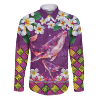 Hawaiian Plumeria and Humpback Whales Family Matching Off The Shoulder Long Sleeve Dress and Hawaiian Shirt Polynerian Art Tattoo-Mauve Color LT03 Dad's Shirt - Long Sleeve Purple - Polynesian Pride