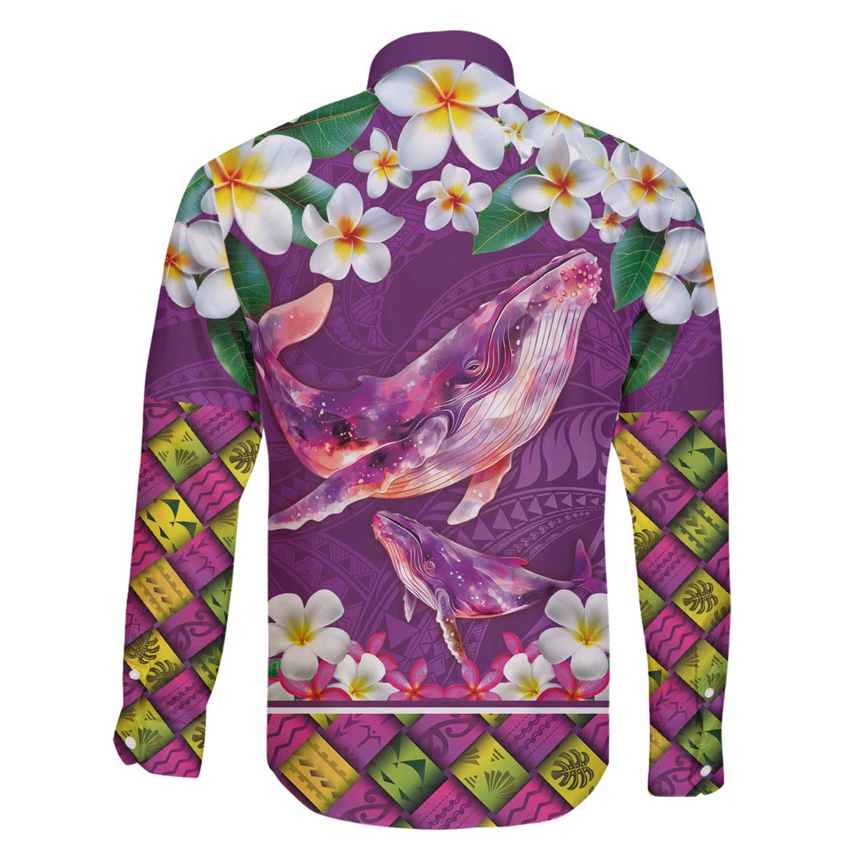 Hawaiian Plumeria and Humpback Whales Family Matching Off The Shoulder Long Sleeve Dress and Hawaiian Shirt Polynerian Art Tattoo-Mauve Color LT03 - Polynesian Pride