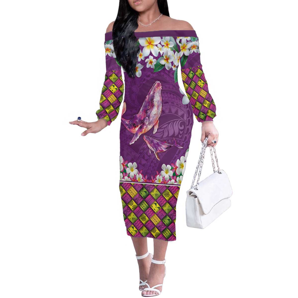 Hawaiian Plumeria and Humpback Whales Family Matching Off The Shoulder Long Sleeve Dress and Hawaiian Shirt Polynerian Art Tattoo-Mauve Color LT03 Mom's Dress Purple - Polynesian Pride