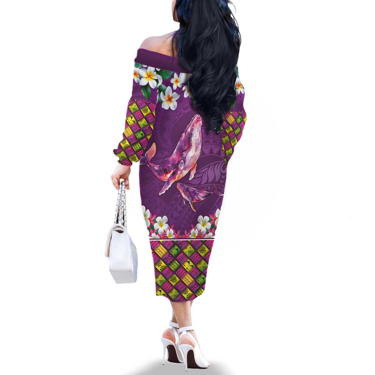 Hawaiian Plumeria and Humpback Whales Family Matching Off The Shoulder Long Sleeve Dress and Hawaiian Shirt Polynerian Art Tattoo-Mauve Color LT03 - Polynesian Pride