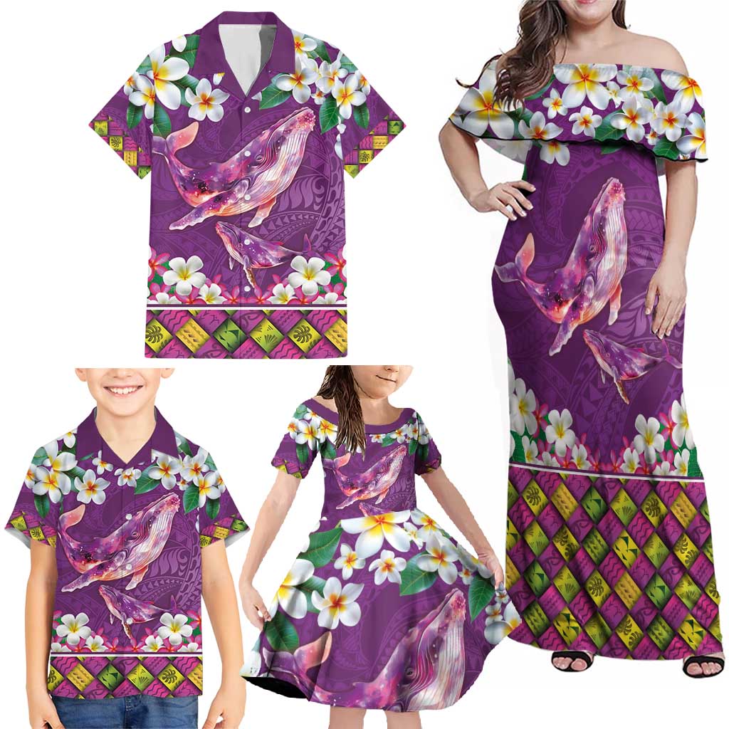 Hawaiian Plumeria and Humpback Whales Family Matching Off Shoulder Maxi Dress and Hawaiian Shirt Polynerian Art Tattoo-Mauve Color LT03 - Polynesian Pride