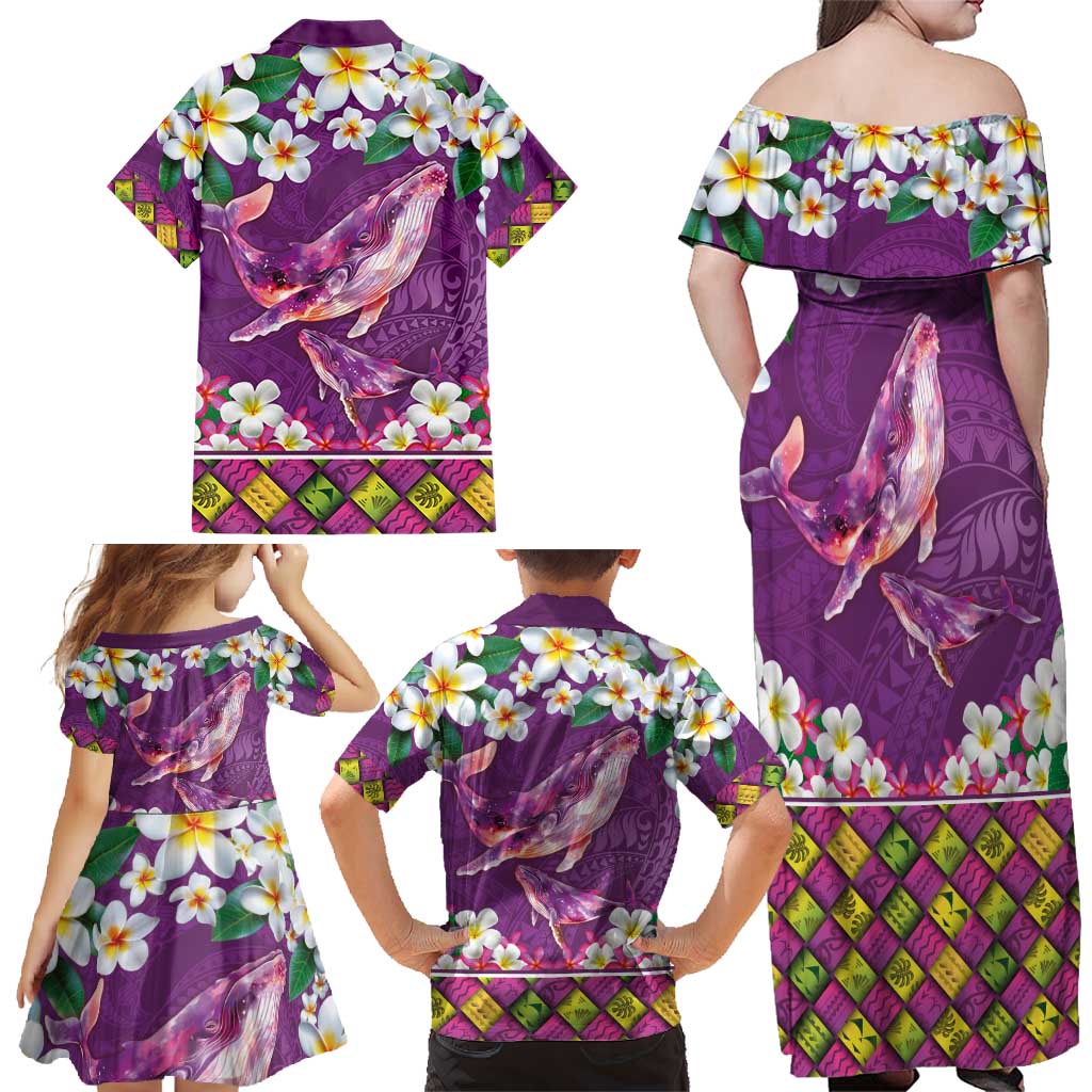 Hawaiian Plumeria and Humpback Whales Family Matching Off Shoulder Maxi Dress and Hawaiian Shirt Polynerian Art Tattoo-Mauve Color LT03 - Polynesian Pride