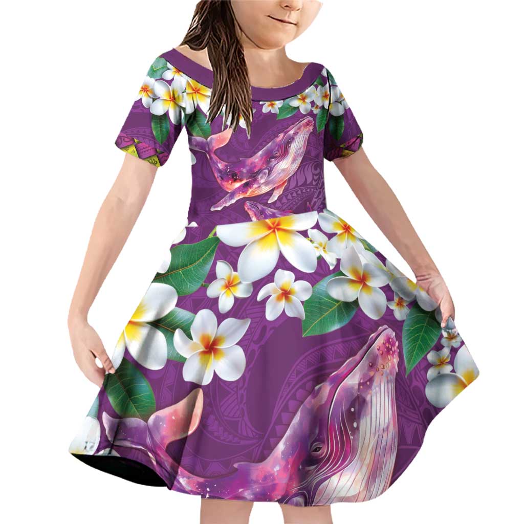 Hawaiian Plumeria and Humpback Whales Family Matching Off Shoulder Short Dress and Hawaiian Shirt Polynerian Art Tattoo-Mauve Color LT03 Daughter's Dress Purple - Polynesian Pride