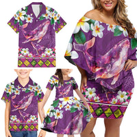 Hawaiian Plumeria and Humpback Whales Family Matching Off Shoulder Short Dress and Hawaiian Shirt Polynerian Art Tattoo-Mauve Color LT03 - Polynesian Pride