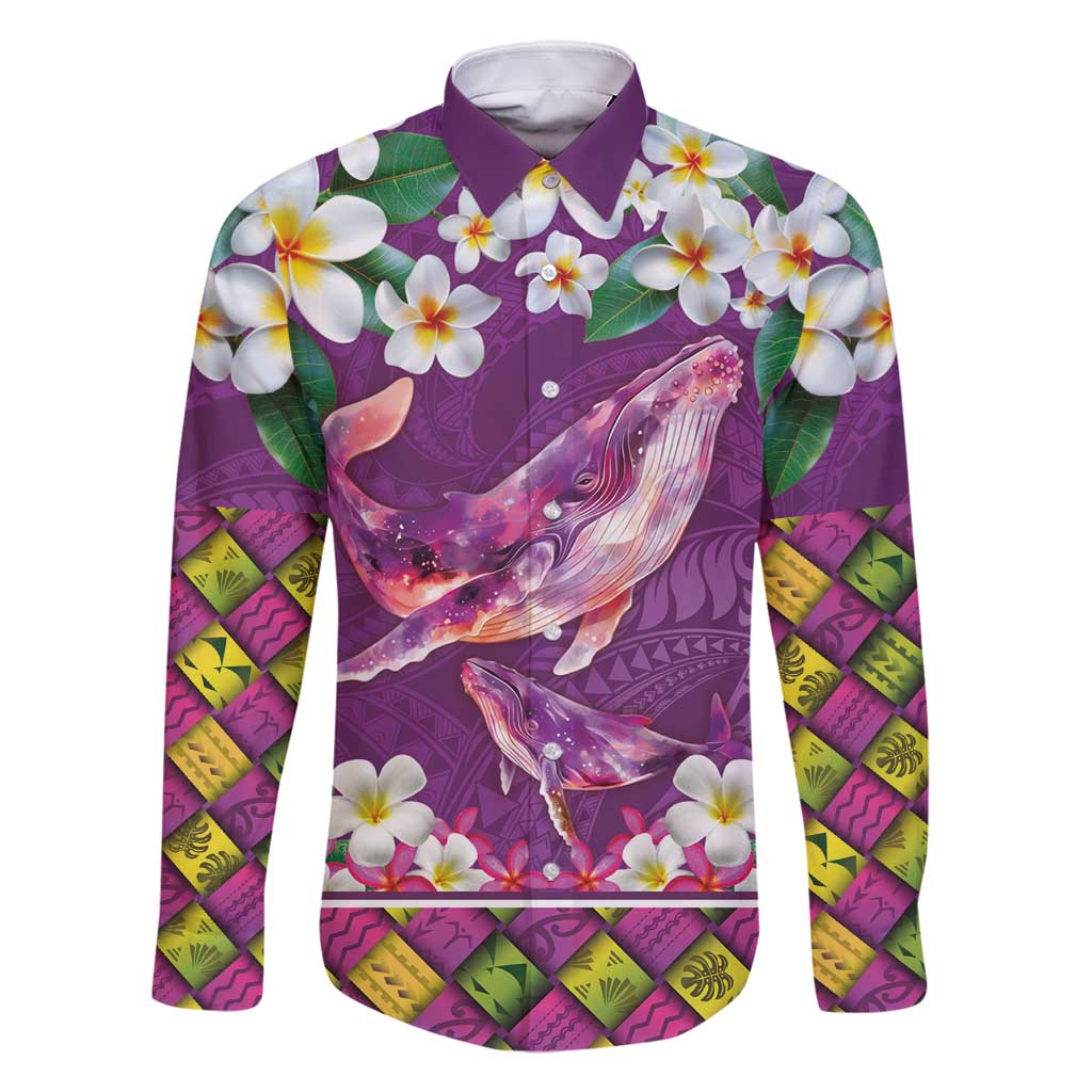 Hawaiian Plumeria and Humpback Whales Family Matching Off Shoulder Short Dress and Hawaiian Shirt Polynerian Art Tattoo-Mauve Color LT03 Dad's Shirt - Long Sleeve Purple - Polynesian Pride