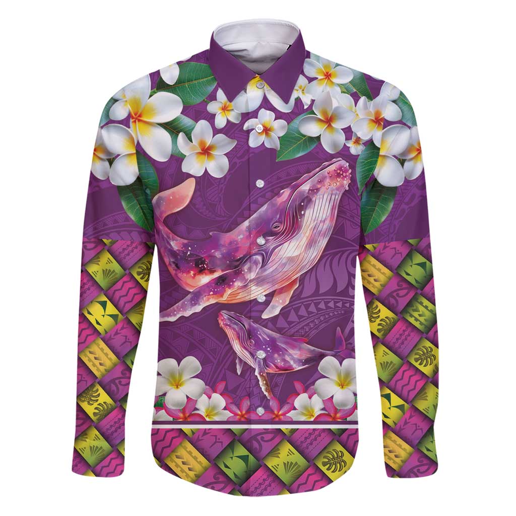 Hawaiian Plumeria and Humpback Whales Family Matching Puletasi and Hawaiian Shirt Polynerian Art Tattoo-Mauve Color LT03 Dad's Shirt - Long Sleeve Purple - Polynesian Pride