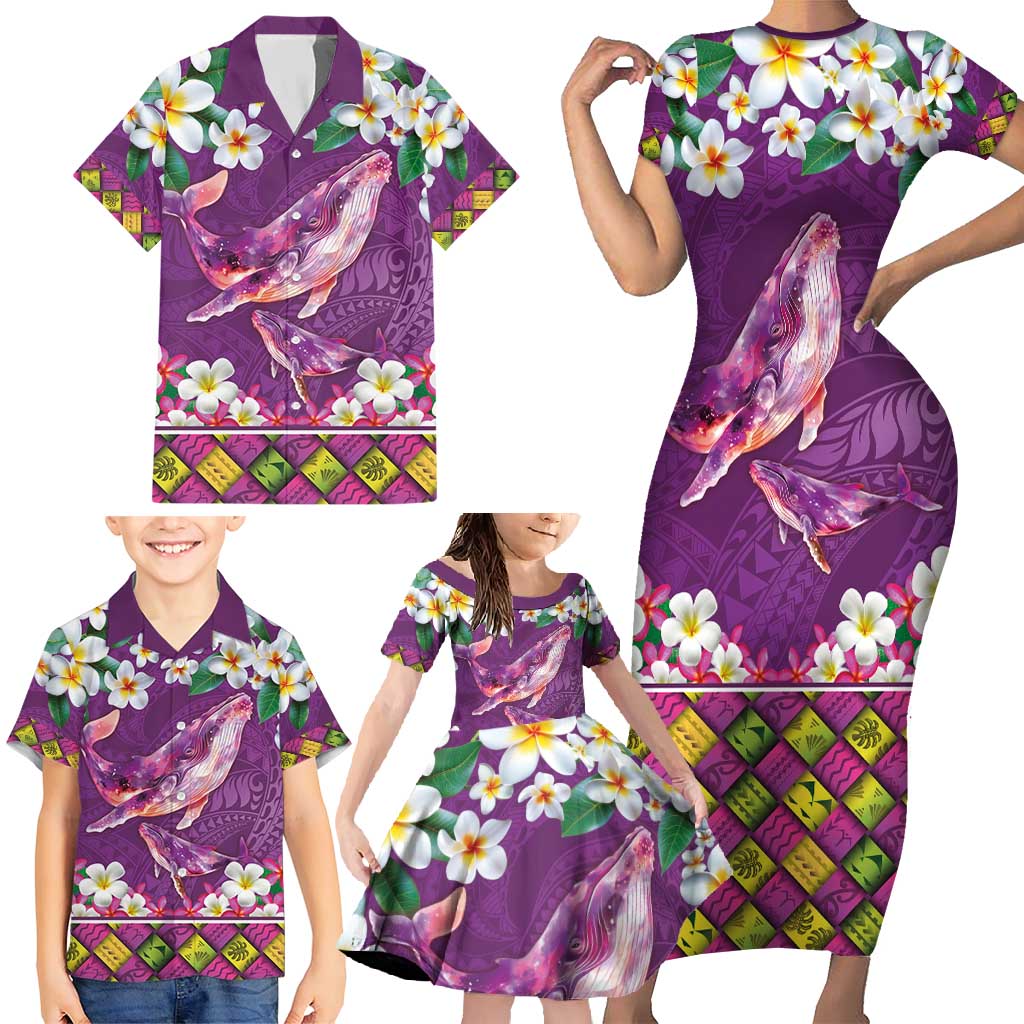 Hawaiian Plumeria and Humpback Whales Family Matching Short Sleeve Bodycon Dress and Hawaiian Shirt Polynerian Art Tattoo-Mauve Color LT03 - Polynesian Pride
