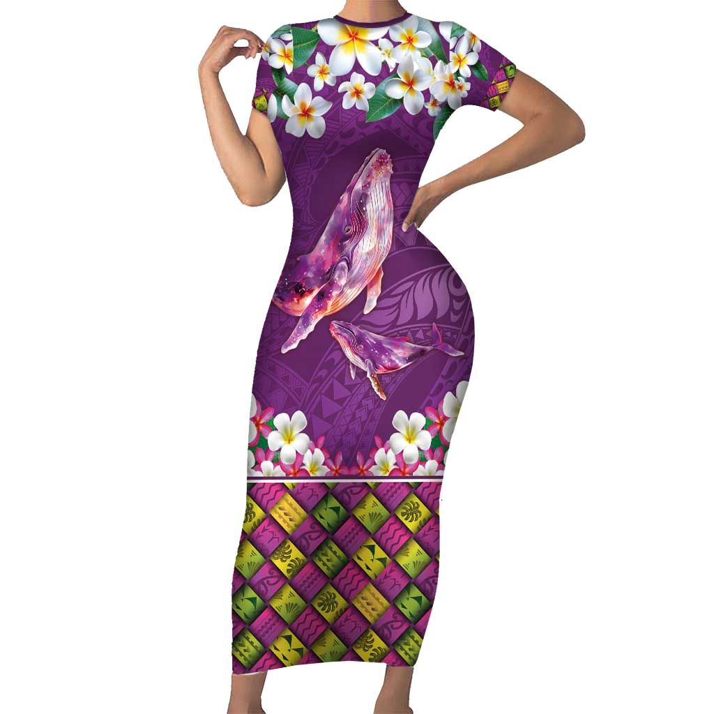 Hawaiian Plumeria and Humpback Whales Family Matching Short Sleeve Bodycon Dress and Hawaiian Shirt Polynerian Art Tattoo-Mauve Color LT03 Mom's Dress Purple - Polynesian Pride
