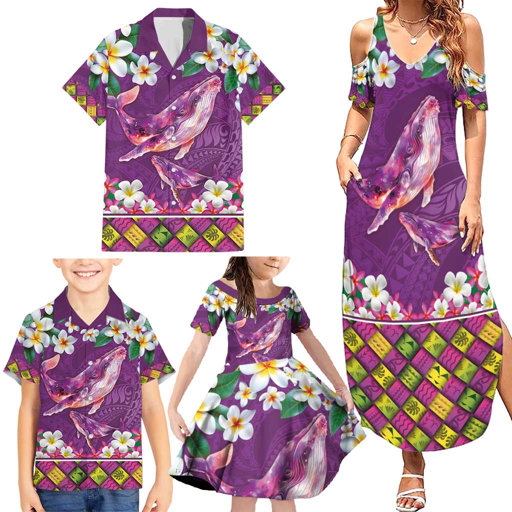 Hawaiian Plumeria and Humpback Whales Family Matching Summer Maxi Dress and Hawaiian Shirt Polynerian Art Tattoo-Mauve Color LT03 - Polynesian Pride