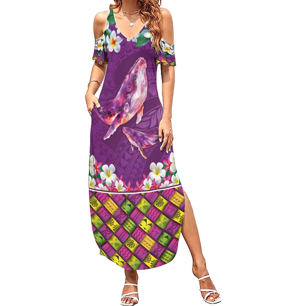 Hawaiian Plumeria and Humpback Whales Family Matching Summer Maxi Dress and Hawaiian Shirt Polynerian Art Tattoo-Mauve Color LT03 Mom's Dress Purple - Polynesian Pride