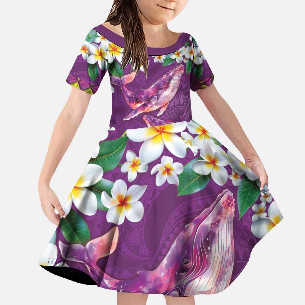 Hawaiian Plumeria and Humpback Whales Family Matching Tank Maxi Dress and Hawaiian Shirt Polynerian Art Tattoo-Mauve Color LT03 Daughter's Dress Purple - Polynesian Pride