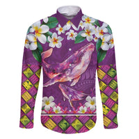 Hawaiian Plumeria and Humpback Whales Family Matching Tank Maxi Dress and Hawaiian Shirt Polynerian Art Tattoo-Mauve Color LT03 Dad's Shirt - Long Sleeve Purple - Polynesian Pride