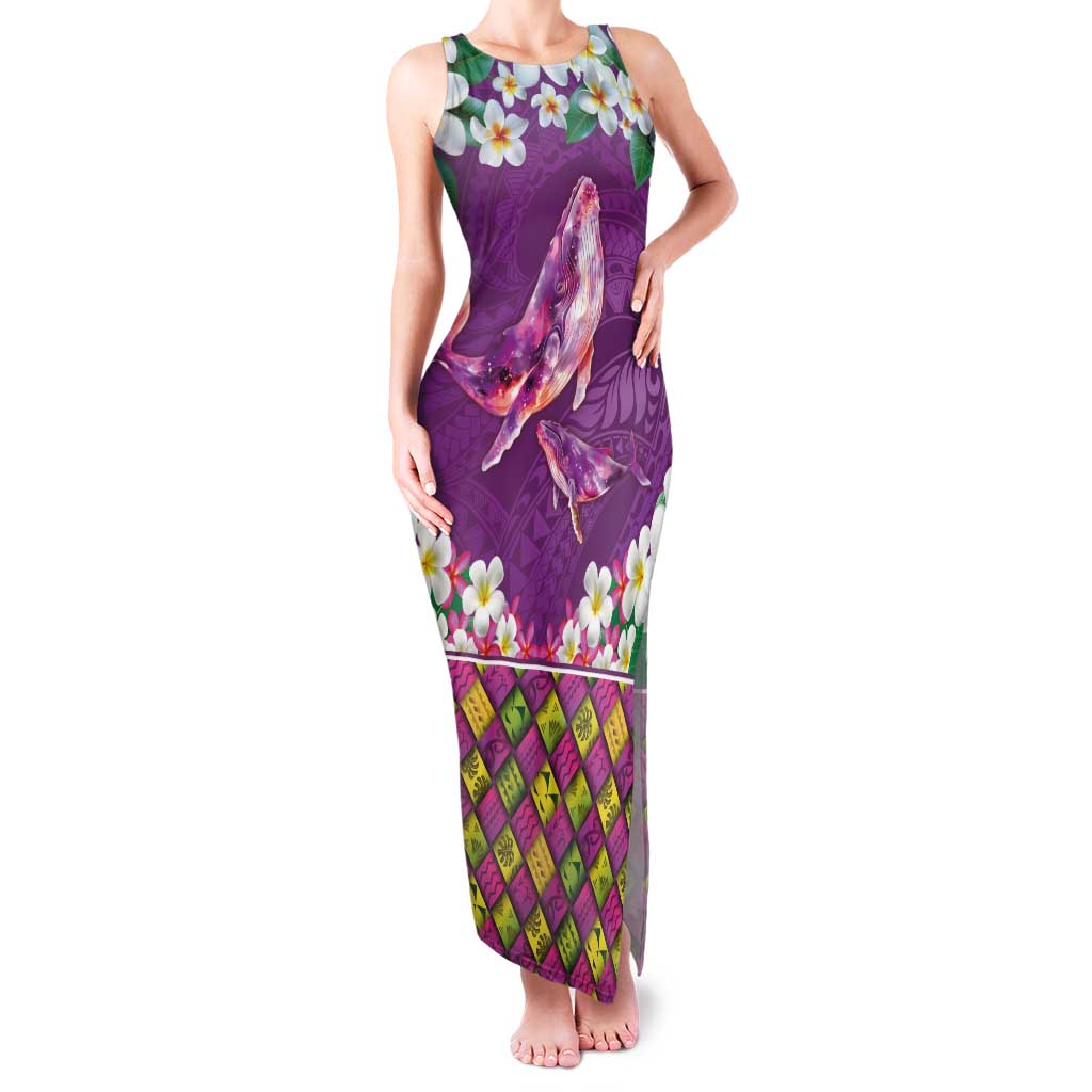 Hawaiian Plumeria and Humpback Whales Family Matching Tank Maxi Dress and Hawaiian Shirt Polynerian Art Tattoo-Mauve Color LT03 Mom's Dress Purple - Polynesian Pride