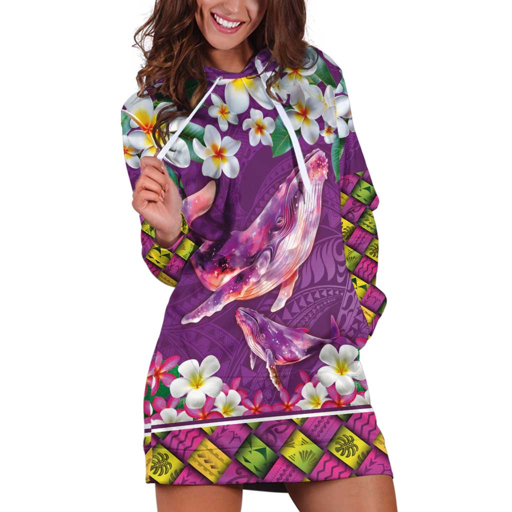 Hawaiian Plumeria and Humpback Whales Hoodie Dress Polynerian Art Tattoo-Mauve Color LT03 Purple - Polynesian Pride