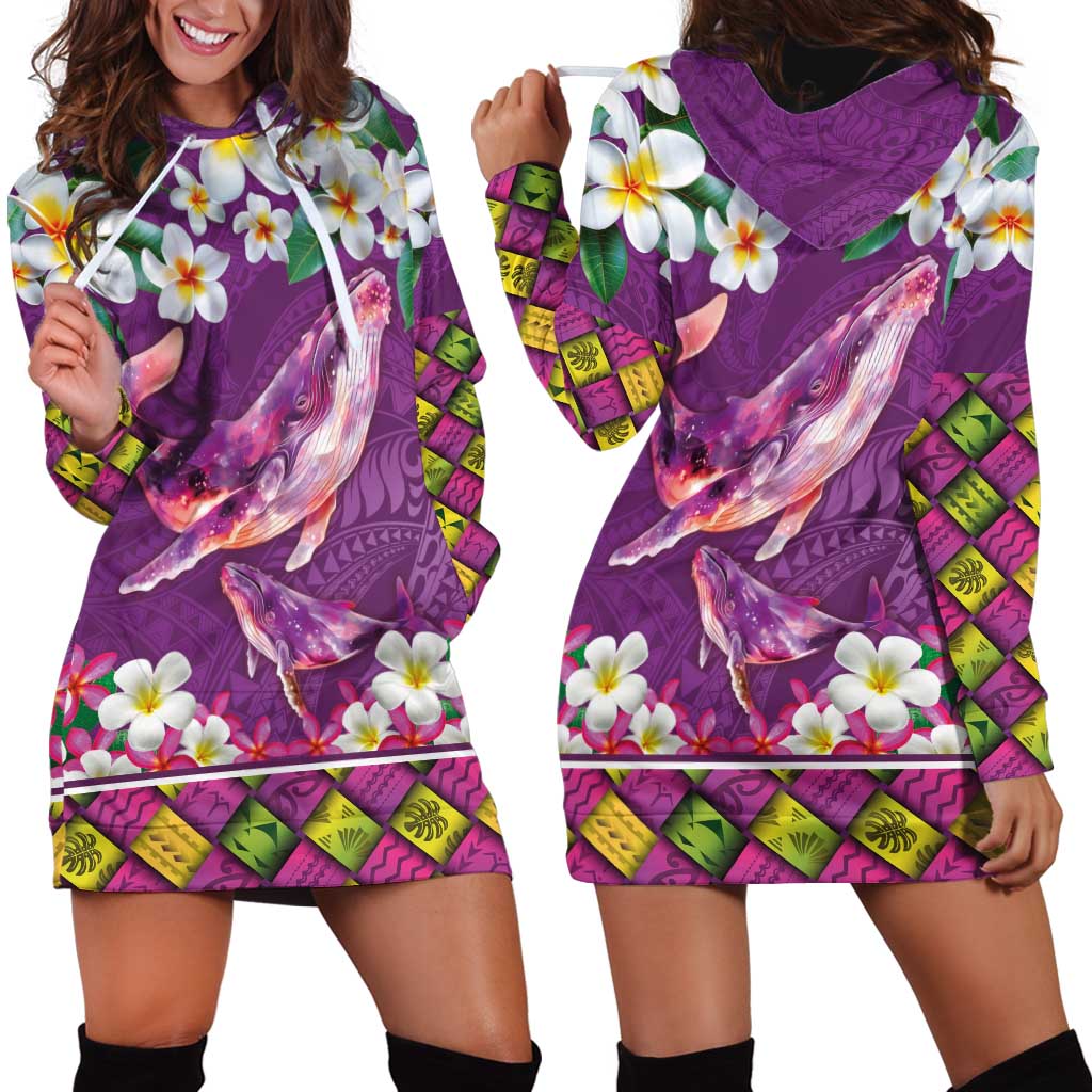 Hawaiian Plumeria and Humpback Whales Hoodie Dress Polynerian Art Tattoo-Mauve Color LT03 - Polynesian Pride
