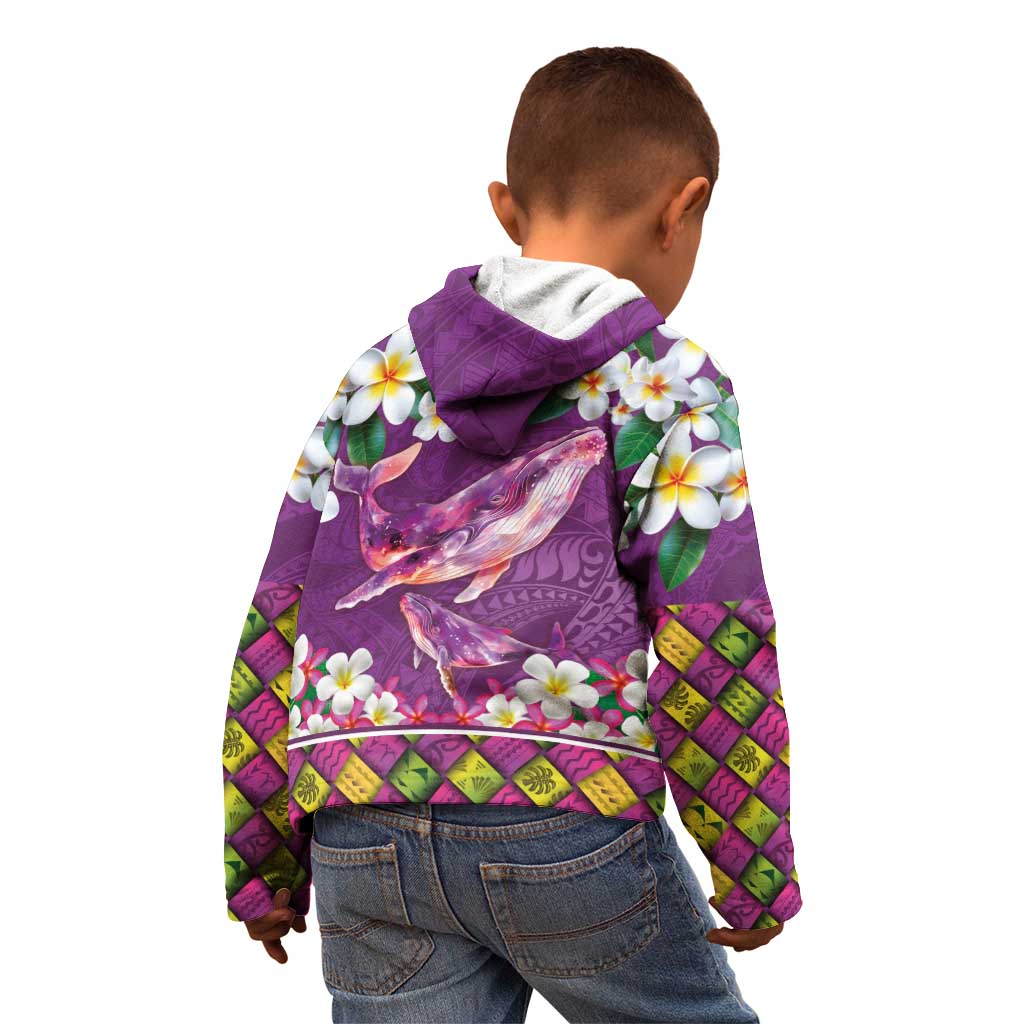 Hawaiian Plumeria and Humpback Whales Kid Hoodie Polynerian Art Tattoo-Mauve Color