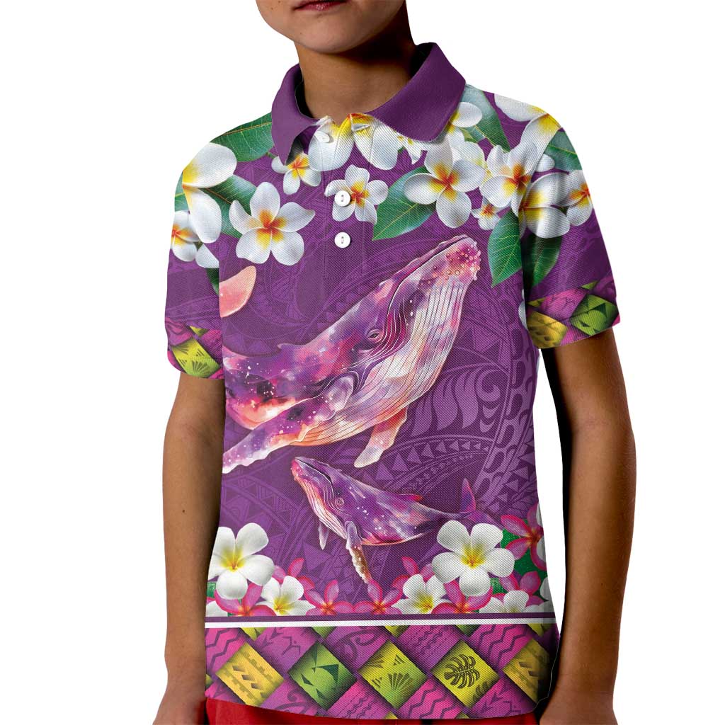 Hawaiian Plumeria and Humpback Whales Kid Polo Shirt Polynerian Art Tattoo-Mauve Color