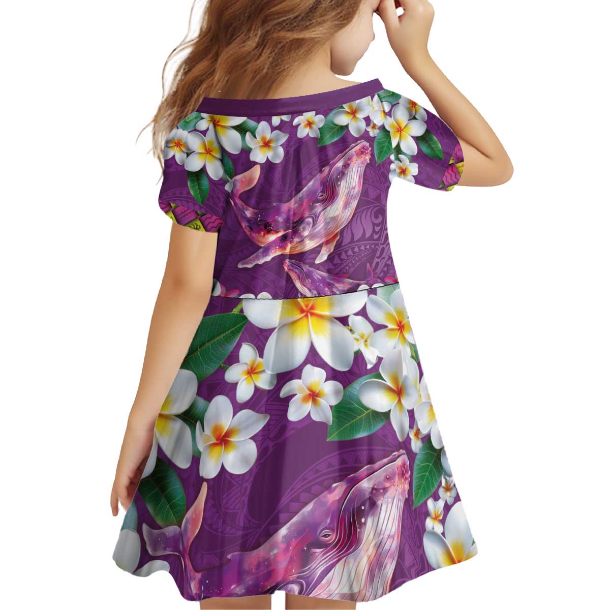 Hawaiian Plumeria and Humpback Whales Kid Short Sleeve Dress Polynerian Art Tattoo-Mauve Color