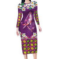 Hawaiian Plumeria and Humpback Whales Long Sleeve Bodycon Dress Polynerian Art Tattoo-Mauve Color LT03 Long Dress Purple - Polynesian Pride