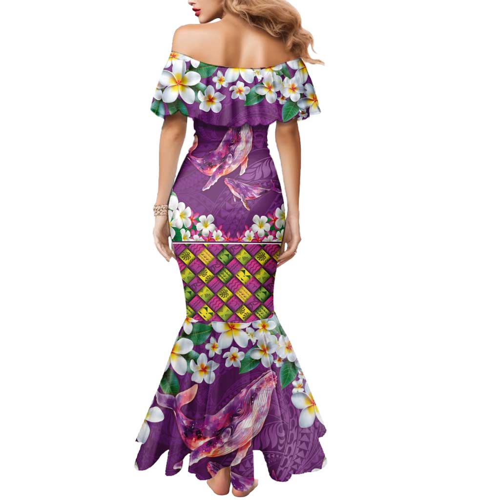 Hawaiian Plumeria and Humpback Whales Mermaid Dress Polynerian Art Tattoo-Mauve Color