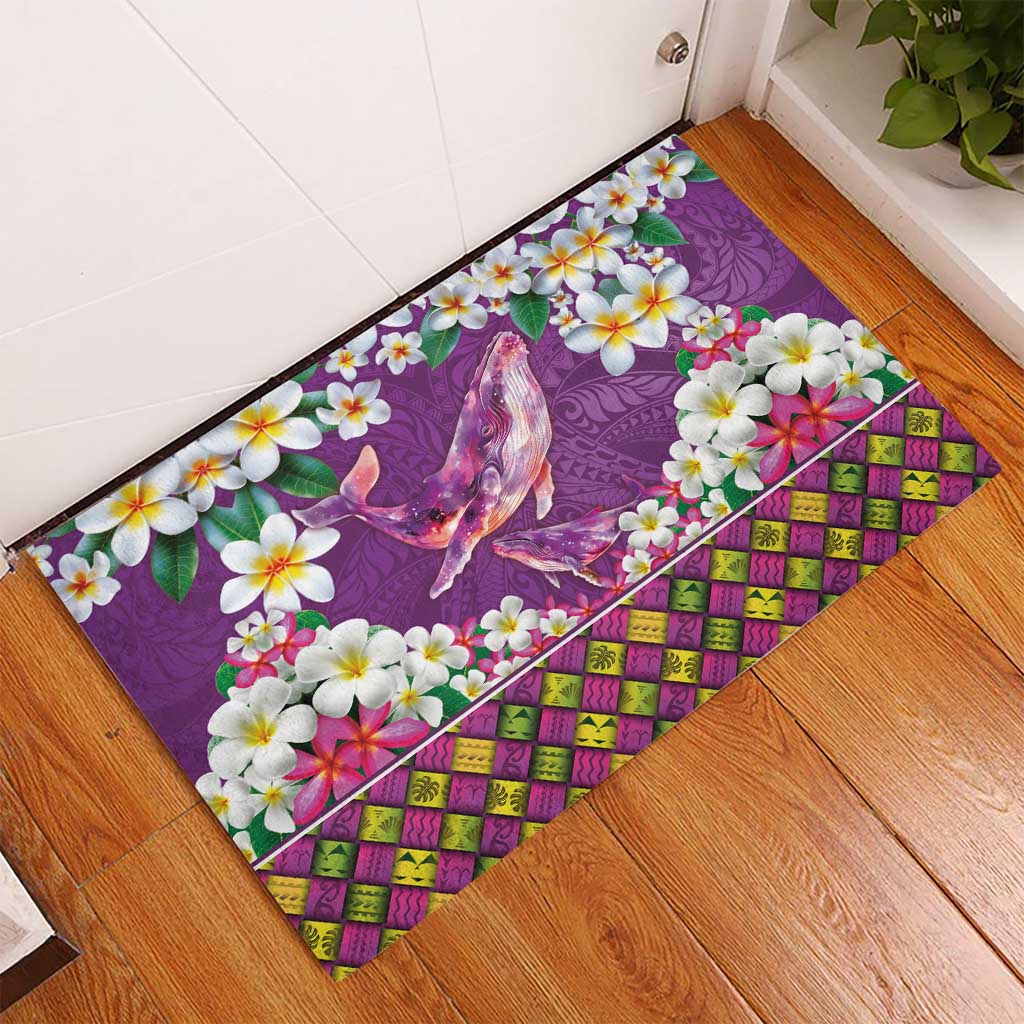Hawaiian Plumeria and Humpback Whales Rubber Doormat Polynerian Art Tattoo-Mauve Color