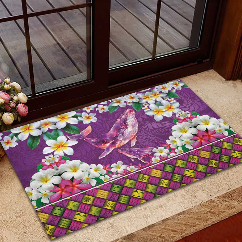 Hawaiian Plumeria and Humpback Whales Rubber Doormat Polynerian Art Tattoo-Mauve Color