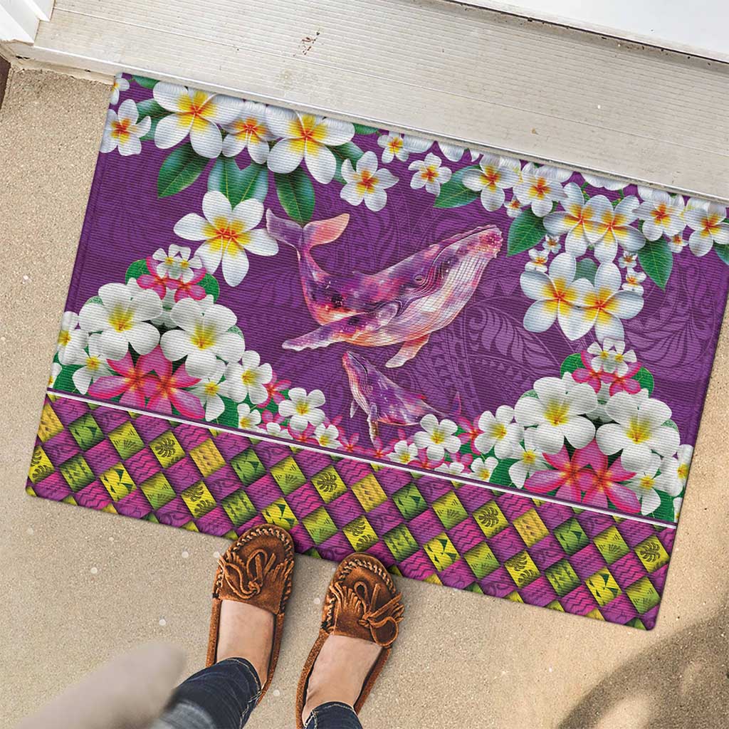 Hawaiian Plumeria and Humpback Whales Rubber Doormat Polynerian Art Tattoo-Mauve Color