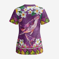 Hawaiian Plumeria and Humpback Whales Scrub Top Polynerian Art Tattoo-Mauve Color - Polynesian Pride