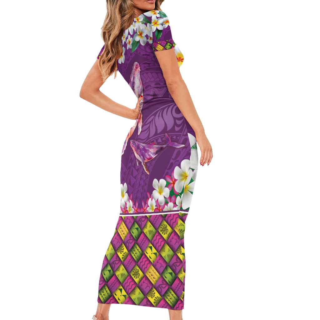 Hawaiian Plumeria and Humpback Whales Short Sleeve Bodycon Dress Polynerian Art Tattoo-Mauve Color LT03 - Polynesian Pride