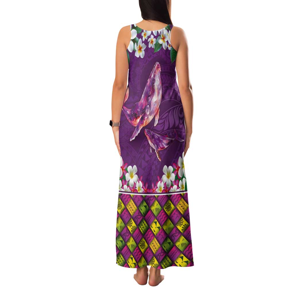 Hawaiian Plumeria and Humpback Whales Tank Maxi Dress Polynerian Art Tattoo-Mauve Color