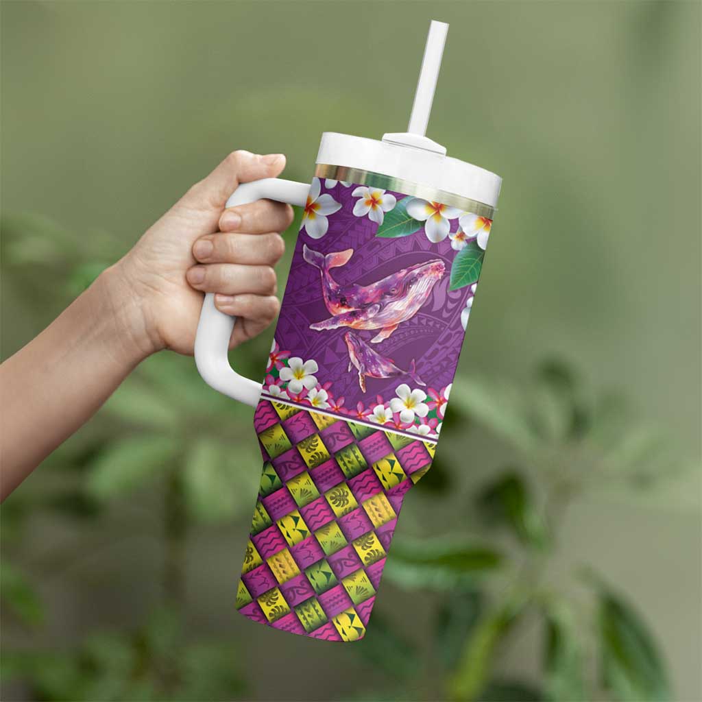 Hawaiian Plumeria and Humpback Whales Tumbler With Handle Polynerian Art Tattoo-Mauve Color