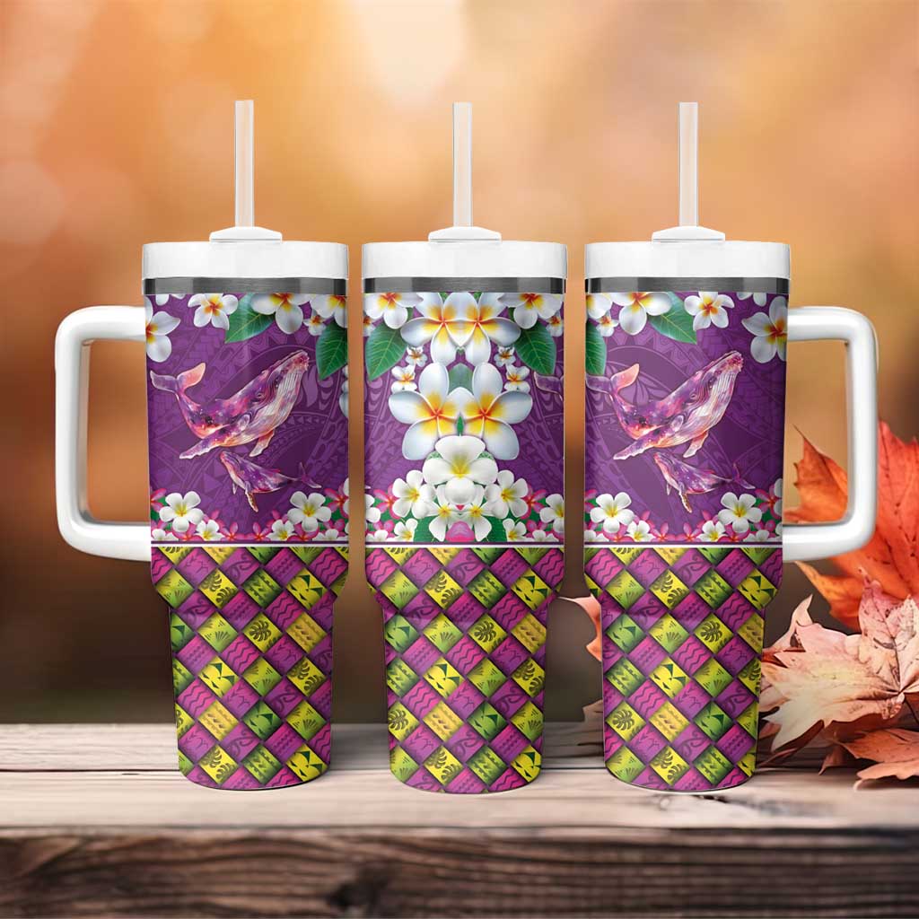 Hawaiian Plumeria and Humpback Whales Tumbler With Handle Polynerian Art Tattoo-Mauve Color